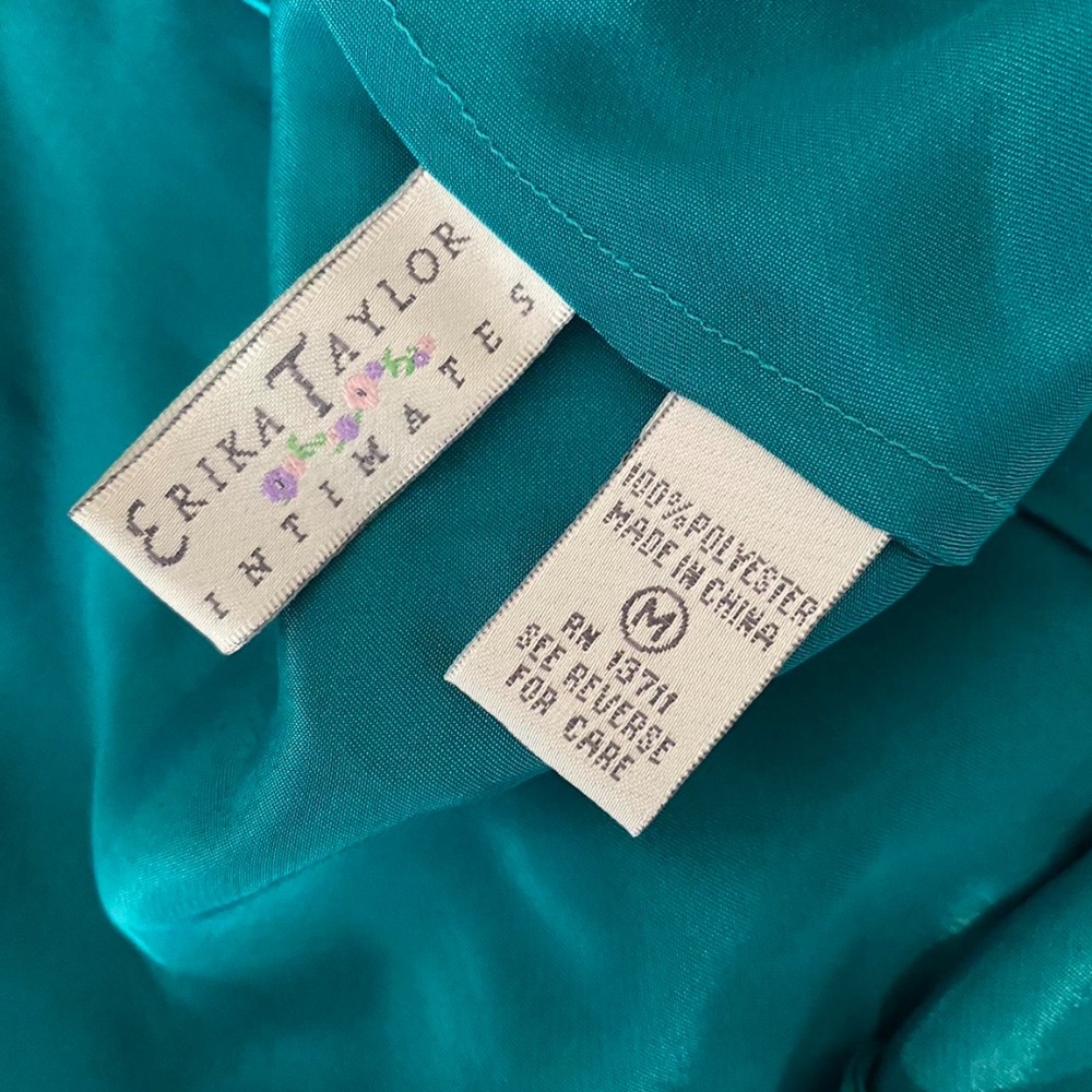 Vintage Erika Taylor turquoise teal blue satin pajama cami and shorts set sz M - Picture 7 of 8